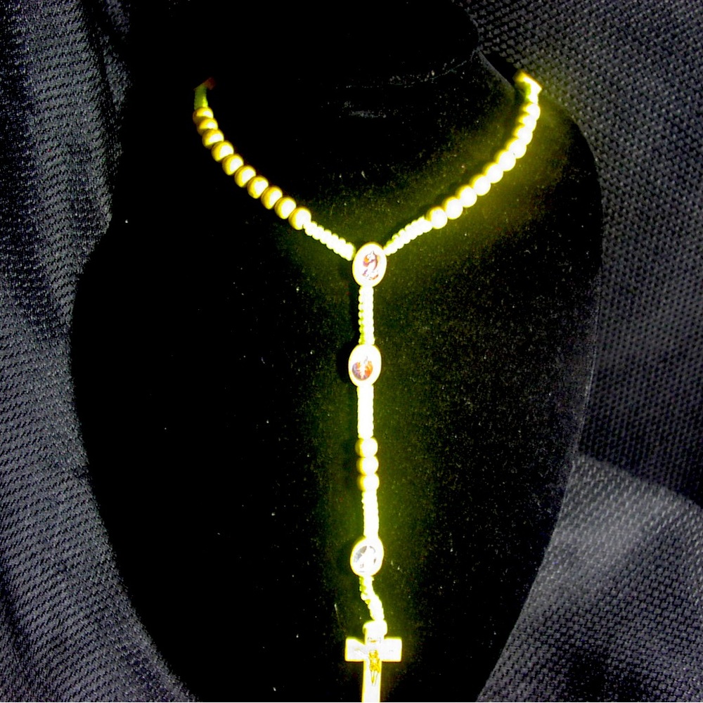 Wooden Yellow Rosary with Crucifixion and mini Religious Figures.